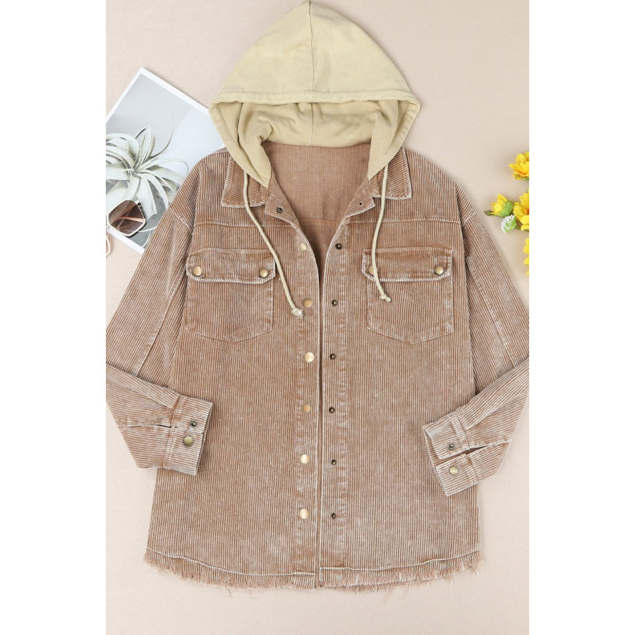 Raw Hem Snap Down Drawstring Hooded Jacket Apparel and Accessories