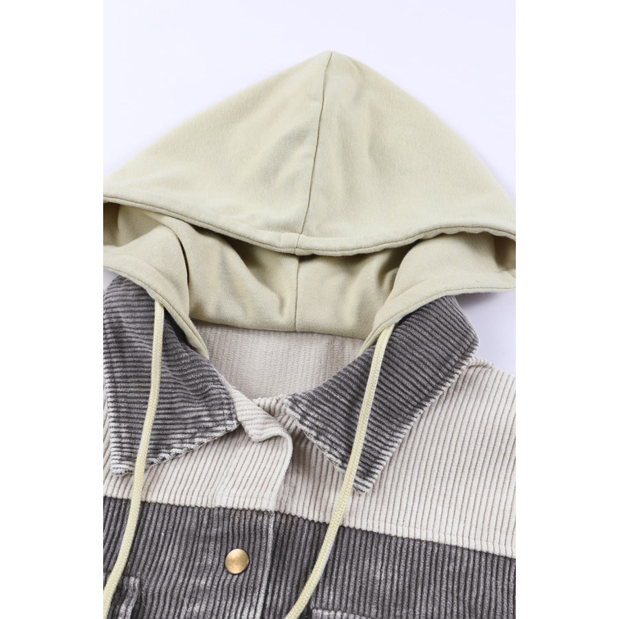 Raw Hem Snap Down Drawstring Hooded Jacket Apparel and Accessories