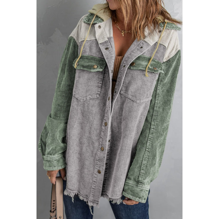 Raw Hem Snap Down Drawstring Hooded Jacket Apparel and Accessories