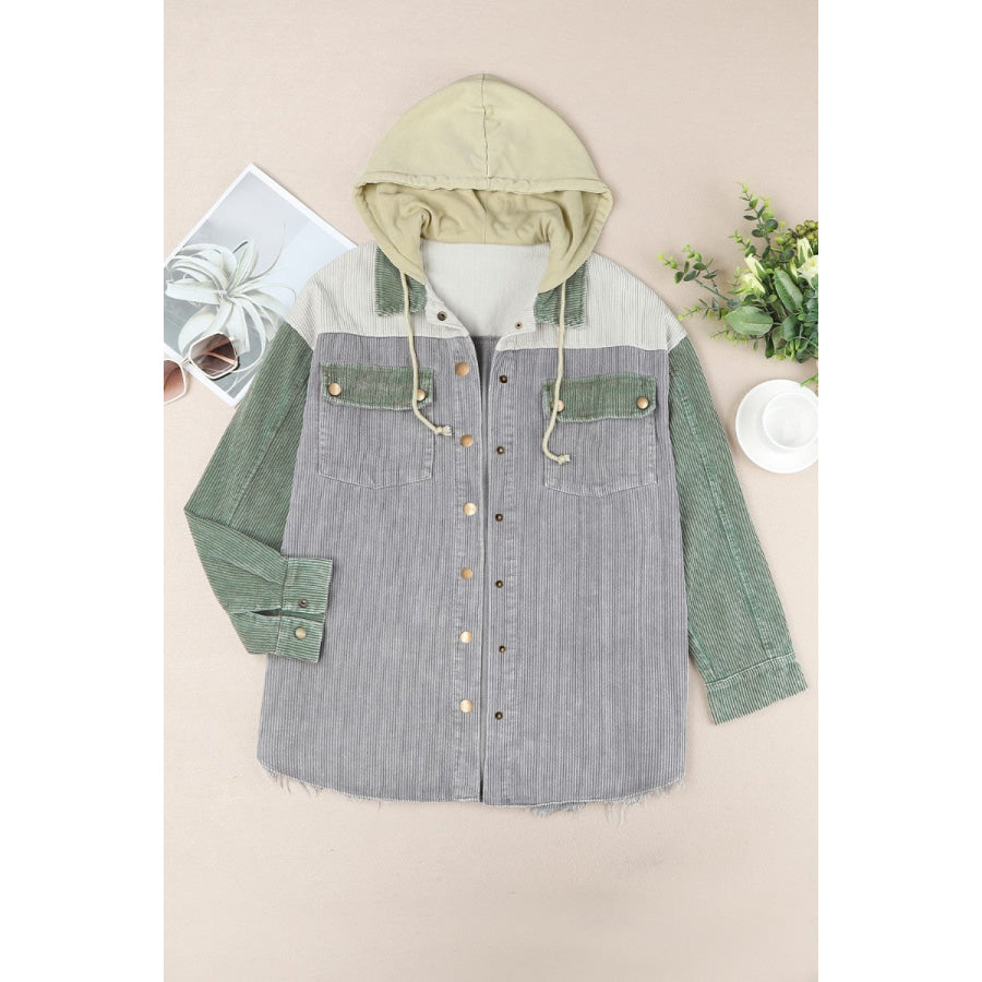 Raw Hem Snap Down Drawstring Hooded Jacket Apparel and Accessories