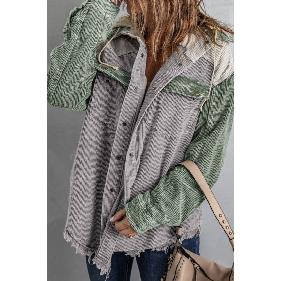 Raw Hem Snap Down Drawstring Hooded Jacket Apparel and Accessories