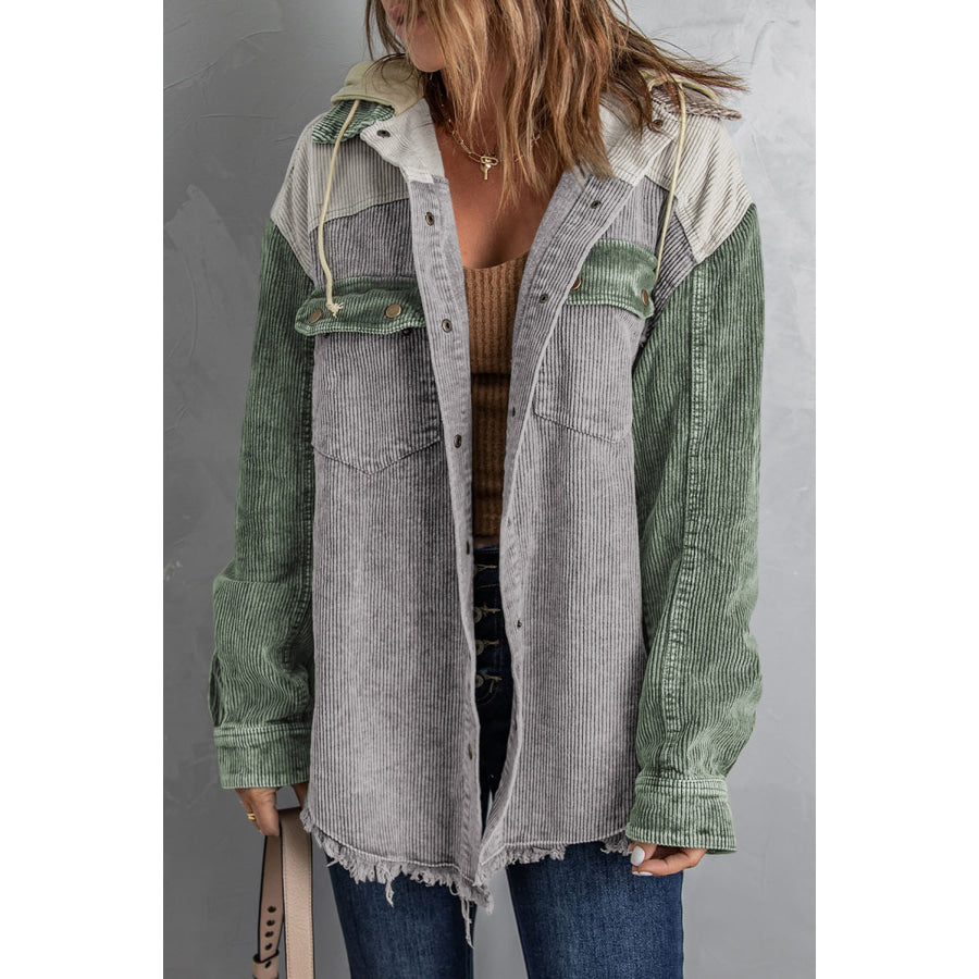 Raw Hem Snap Down Drawstring Hooded Jacket Sage / S Apparel and Accessories