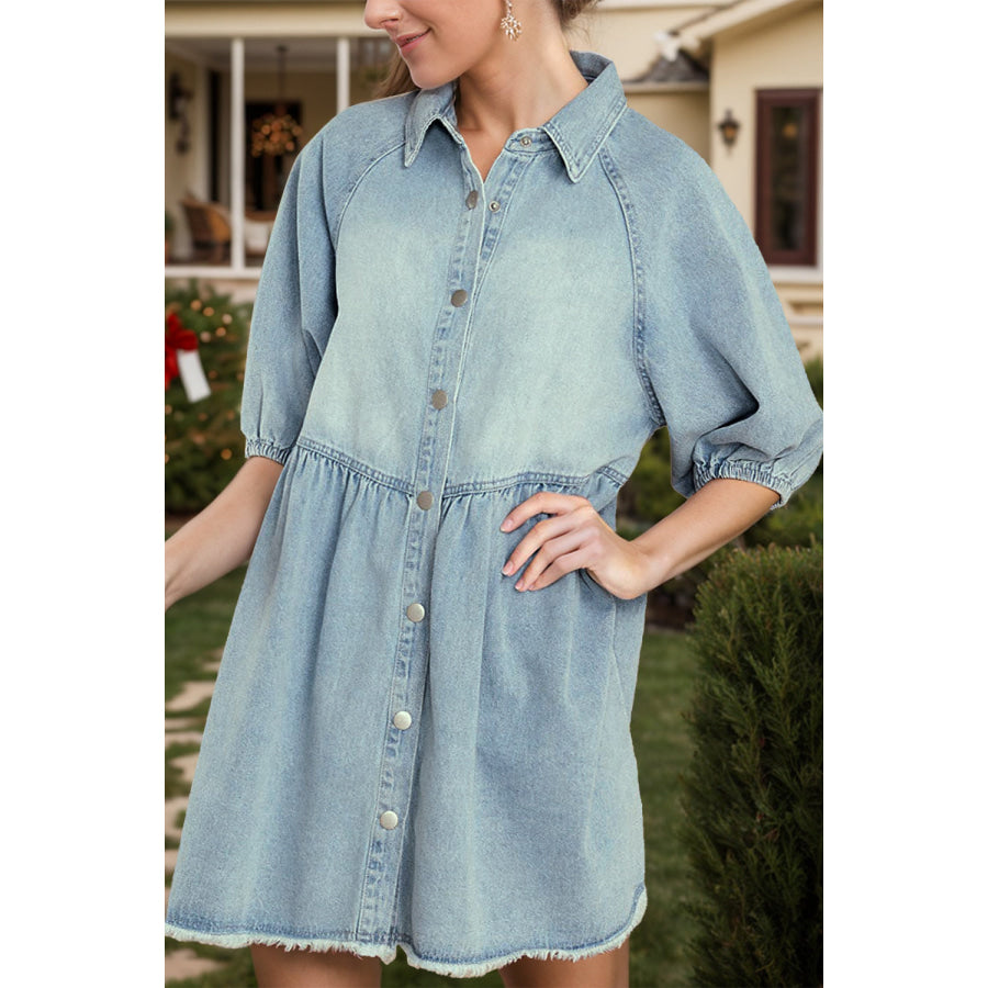 Raw Hem Snap Down Half Sleeve Denim Dress Light / S Apparel and Accessories