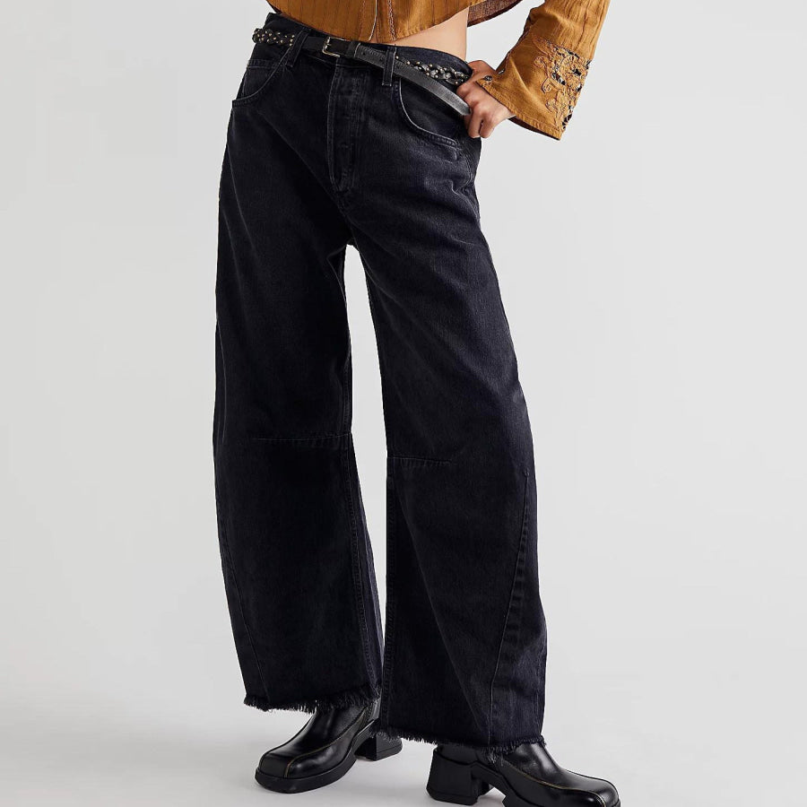 Raw Hem Wide Leg Jeans with Pockets Apparel and Accessories