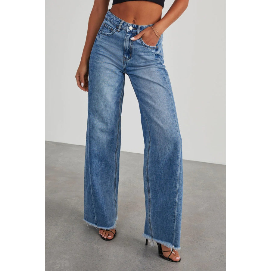 Raw Hem Wide Leg Jeans with Pockets Apparel and Accessories