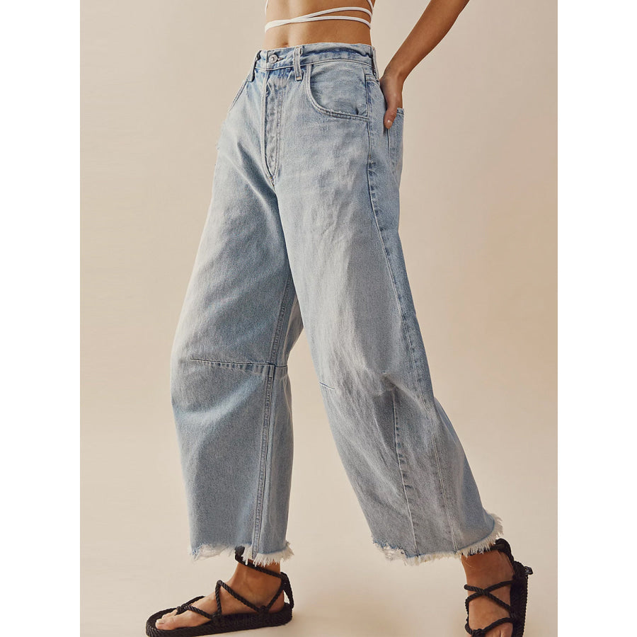 Raw Hem Wide Leg Jeans with Pockets Apparel and Accessories