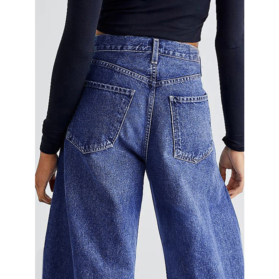 Raw Hem Wide Leg Jeans with Pockets Apparel and Accessories