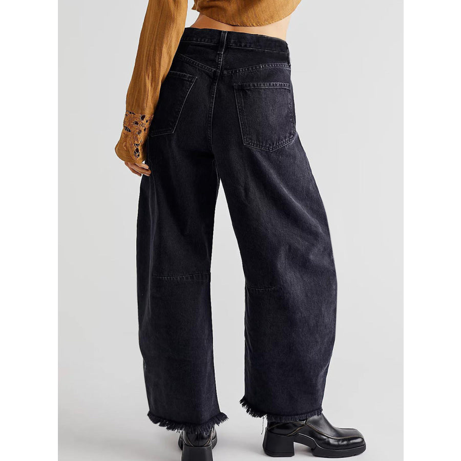 Raw Hem Wide Leg Jeans with Pockets Black / S Apparel and Accessories