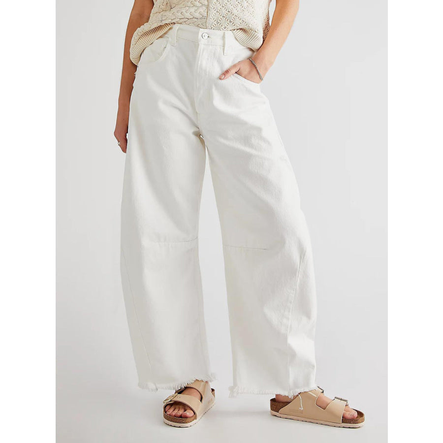 Raw Hem Wide Leg Jeans with Pockets White / S Apparel and Accessories