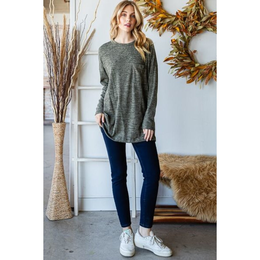 Reborn J Button Side Round Neck Long Sleeve T-Shirt OLIVE / S Apparel and Accessories