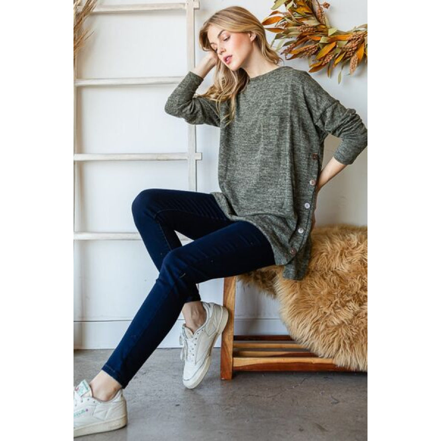 Reborn J Button Side Round Neck Long Sleeve T-Shirt Apparel and Accessories