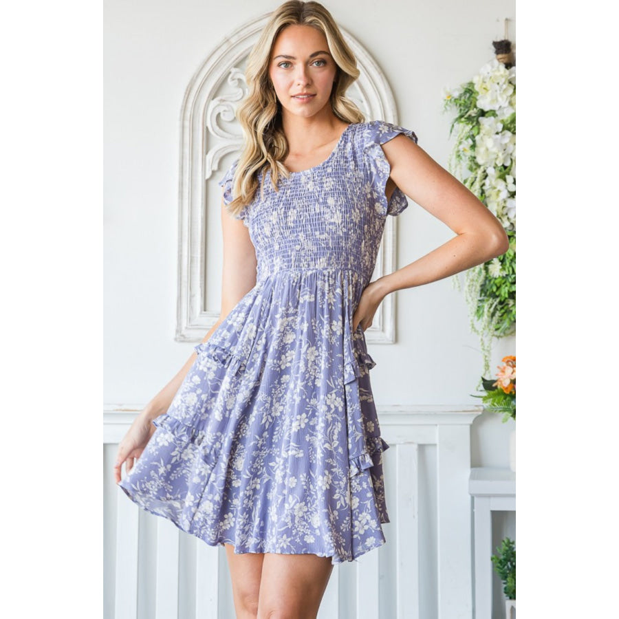Reborn J Floral Ruffle Trim Smocked Mini Dress Lavender / S Apparel and Accessories