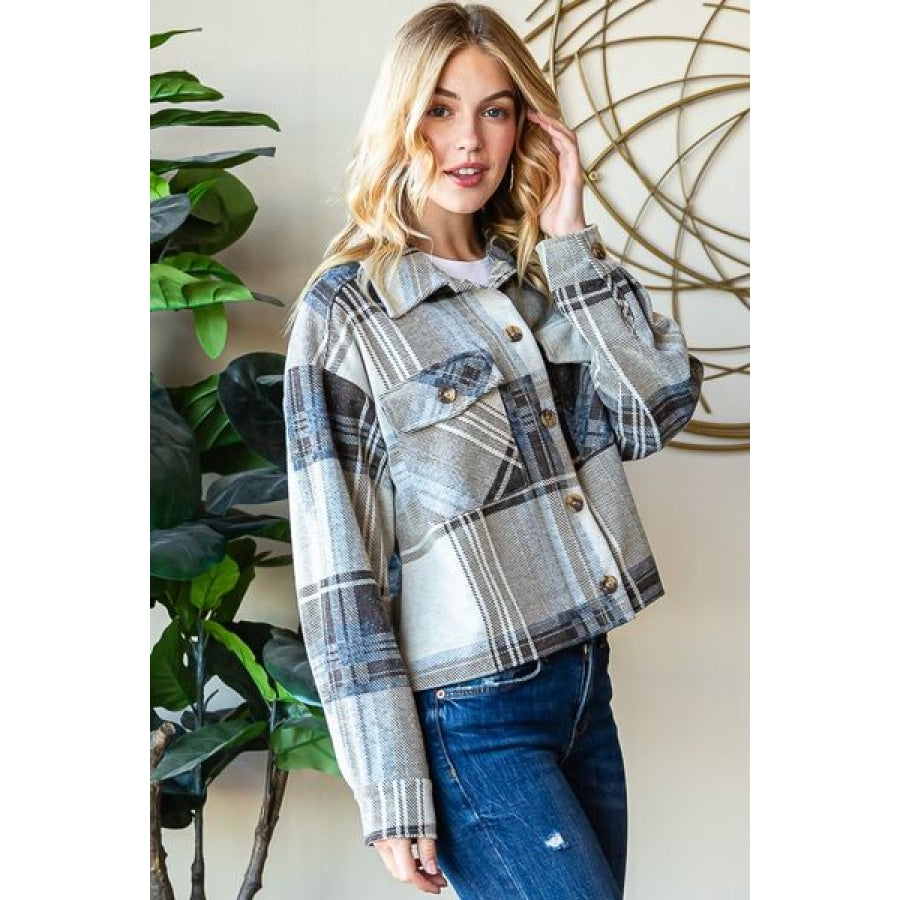 Reborn J Plaid Button Up Long Sleeve Shacket Apparel and Accessories
