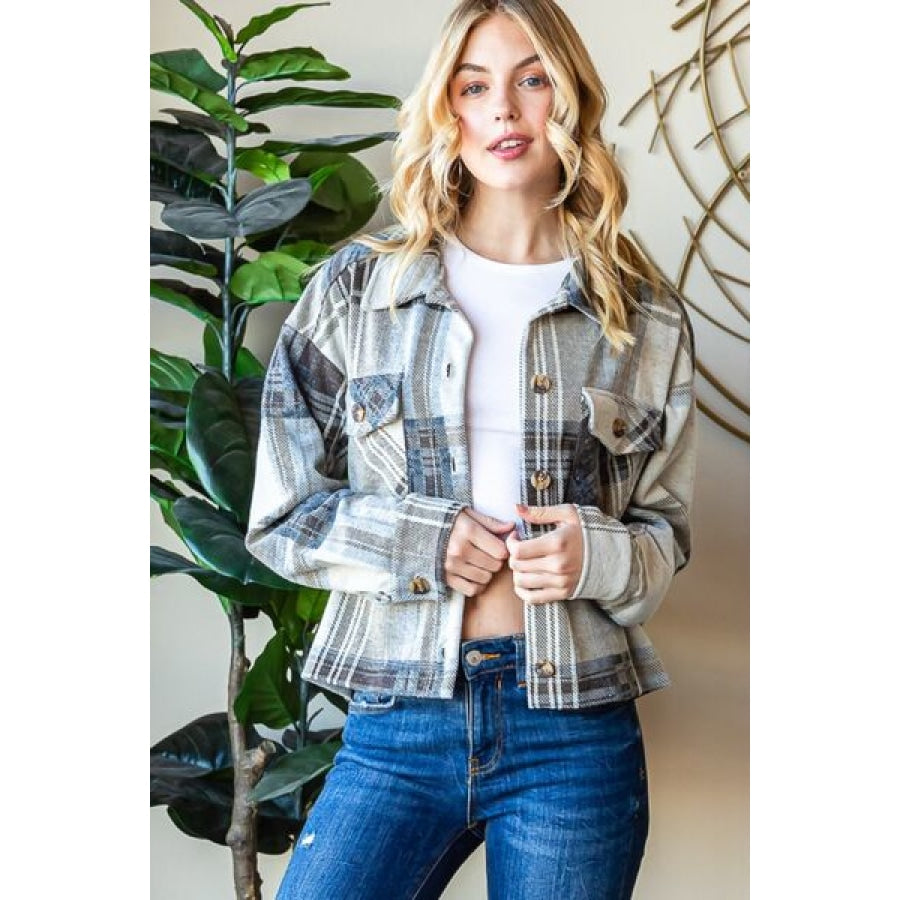 Reborn J Plaid Button Up Long Sleeve Shacket Apparel and Accessories