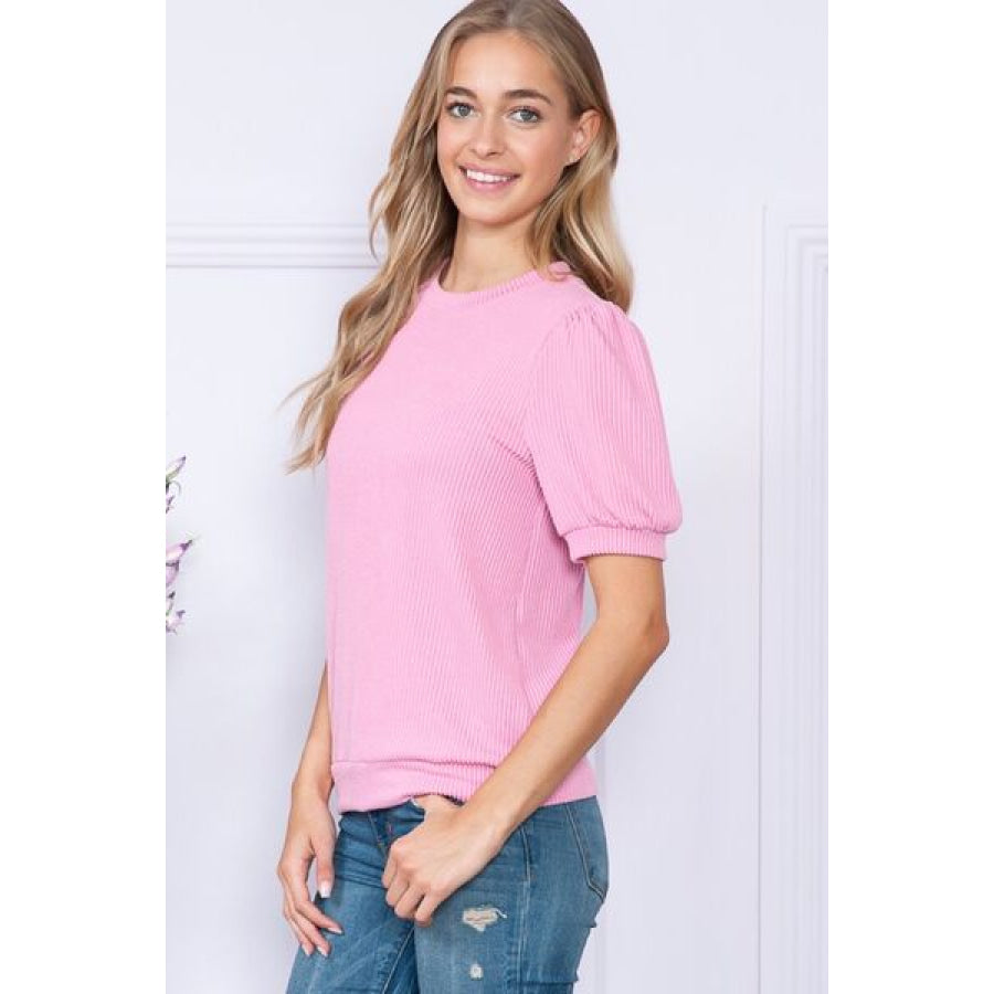 Reborn J Ribbed Round Neck Short Sleeve Top PINK / S Apparel and Accessories