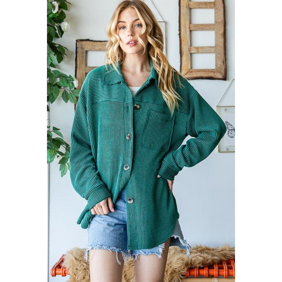 Reborn J Striped Button Up Long Sleeve Shacket HUNTER GREEN / S Apparel and Accessories
