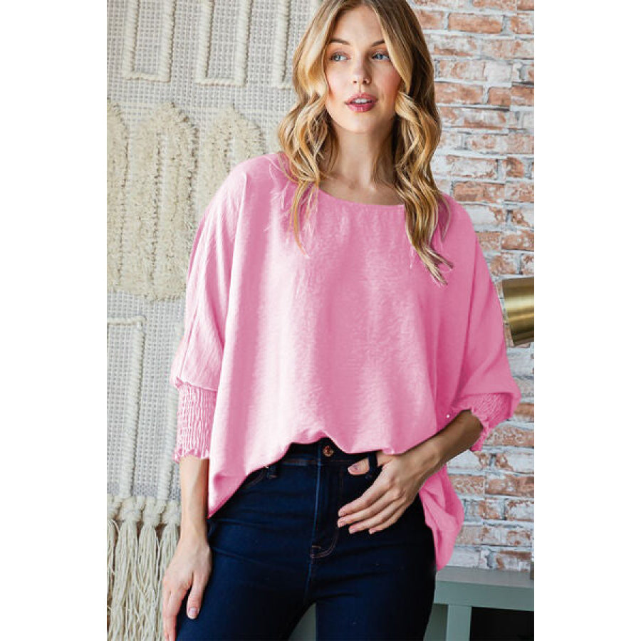 Reborn J Texture Round Neck Smocked Half Sleeve Top PINK / S Apparel and Accessories