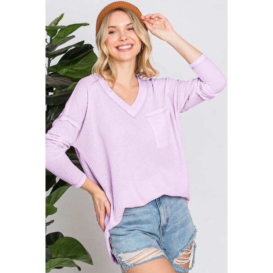 Reborn J Waffle Knit V - Neck Long Sleeve T - Shirt Apparel and Accessories