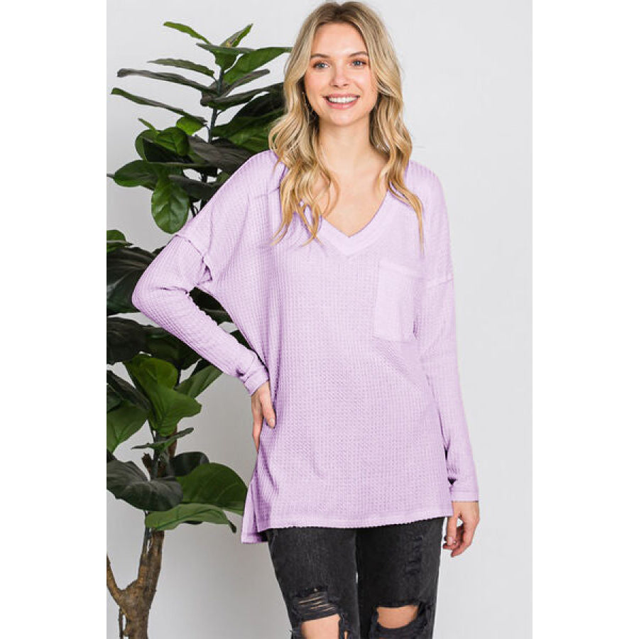 Reborn J Waffle Knit V - Neck Long Sleeve T - Shirt LILAC / S Apparel and Accessories