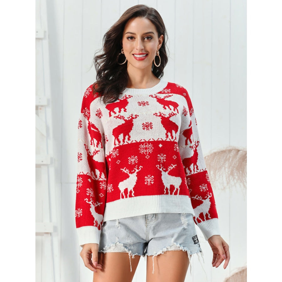 Reindeer Round Neck Sweater Red / S