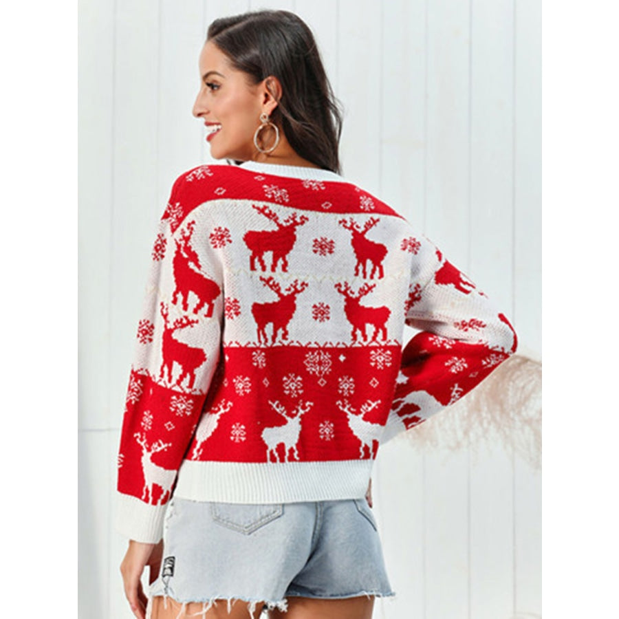 Reindeer Round Neck Sweater Red / S
