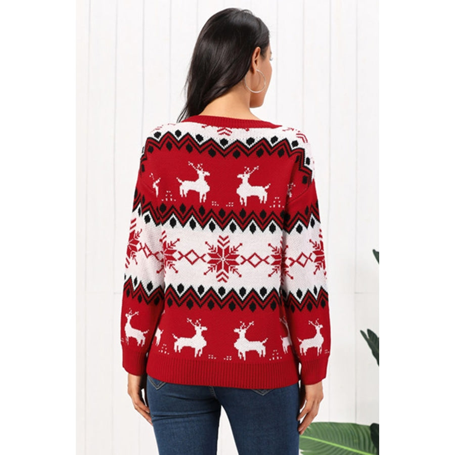 Reindeer Round Neck Sweater Deep Red / S