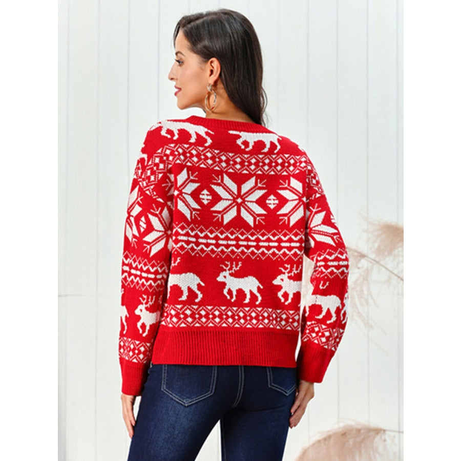 Reindeer & Snowflake Round Neck Sweater Red / S