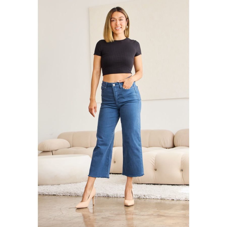 RFM Crop Chloe Full Size Tummy Control High Waist Raw Hem Jeans Apparel and Accessories