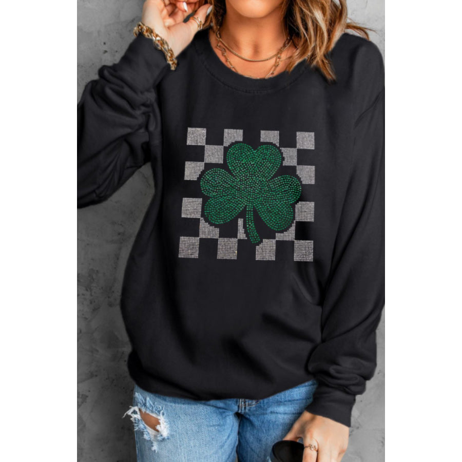 Rhinestone Checkered Lucky Clover Round Neck Sweatshirt Black / S Apparel and Accessories