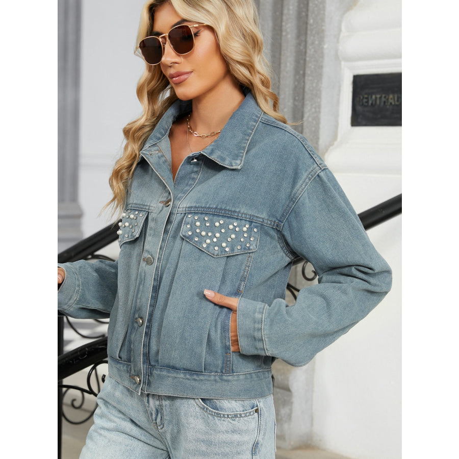 Rhinestone & Peal Trim Button Down Long Sleeve Denim Jacket Apparel and Accessories