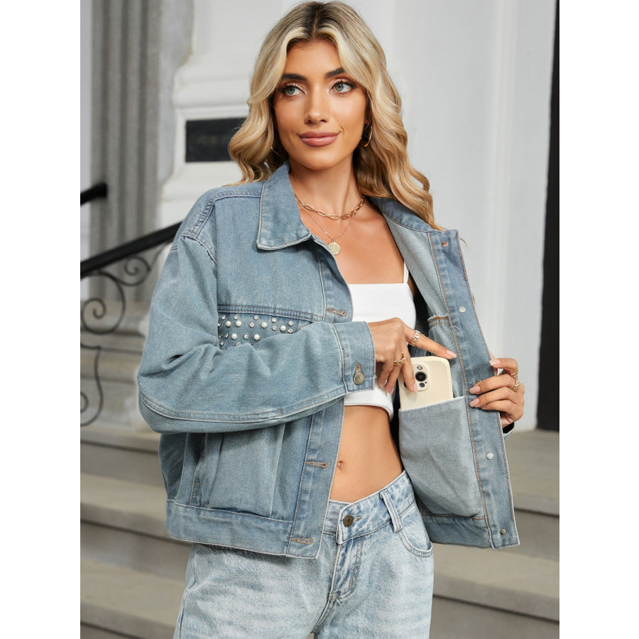 Rhinestone & Peal Trim Button Down Long Sleeve Denim Jacket Apparel and Accessories