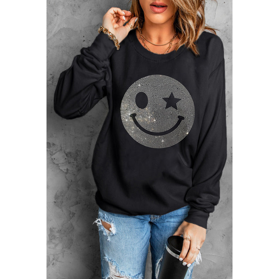 Rhinestone Smile Long Sleeve Sweatshirt Apparel and Accessories