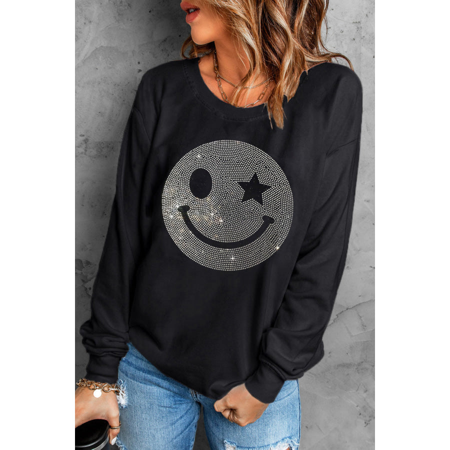 Rhinestone Smile Long Sleeve Sweatshirt Black / S Apparel and Accessories
