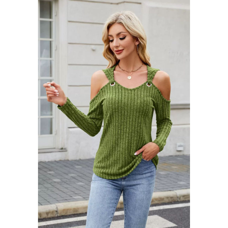 Ribbed Cold Shoulder Long Sleeve Top Apparel and Accessories