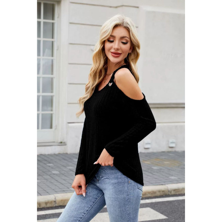 Ribbed Cold Shoulder Long Sleeve Top Apparel and Accessories