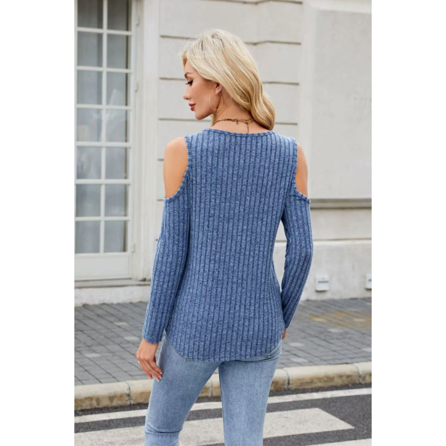 Ribbed Cold Shoulder Long Sleeve Top Apparel and Accessories