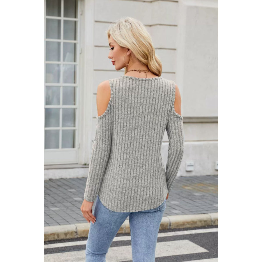 Ribbed Cold Shoulder Long Sleeve Top Apparel and Accessories