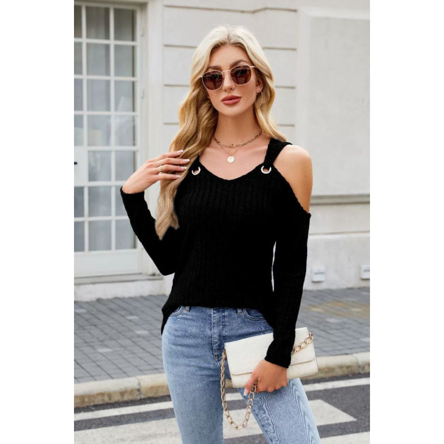 Ribbed Cold Shoulder Long Sleeve Top Apparel and Accessories