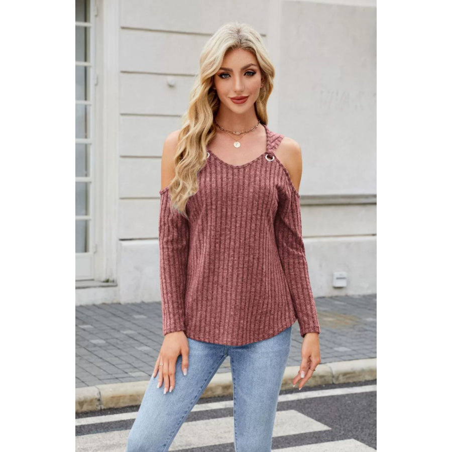 Ribbed Cold Shoulder Long Sleeve Top Apparel and Accessories