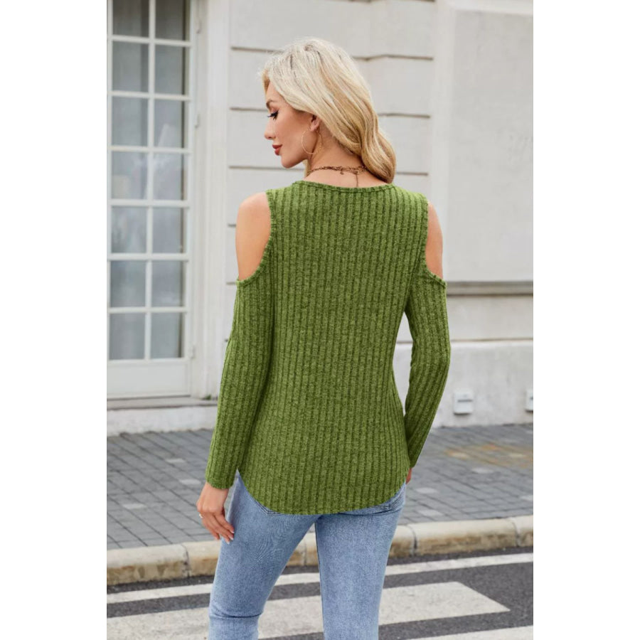 Ribbed Cold Shoulder Long Sleeve Top Apparel and Accessories
