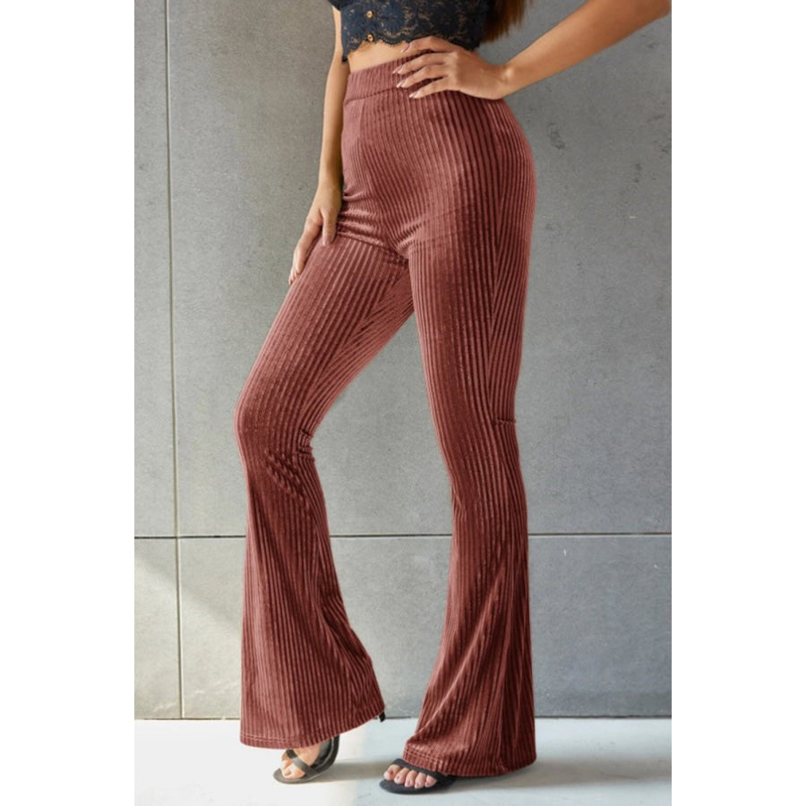 Ribbed High Waist Flare Pants Brick Red / S Apparel and Accessories