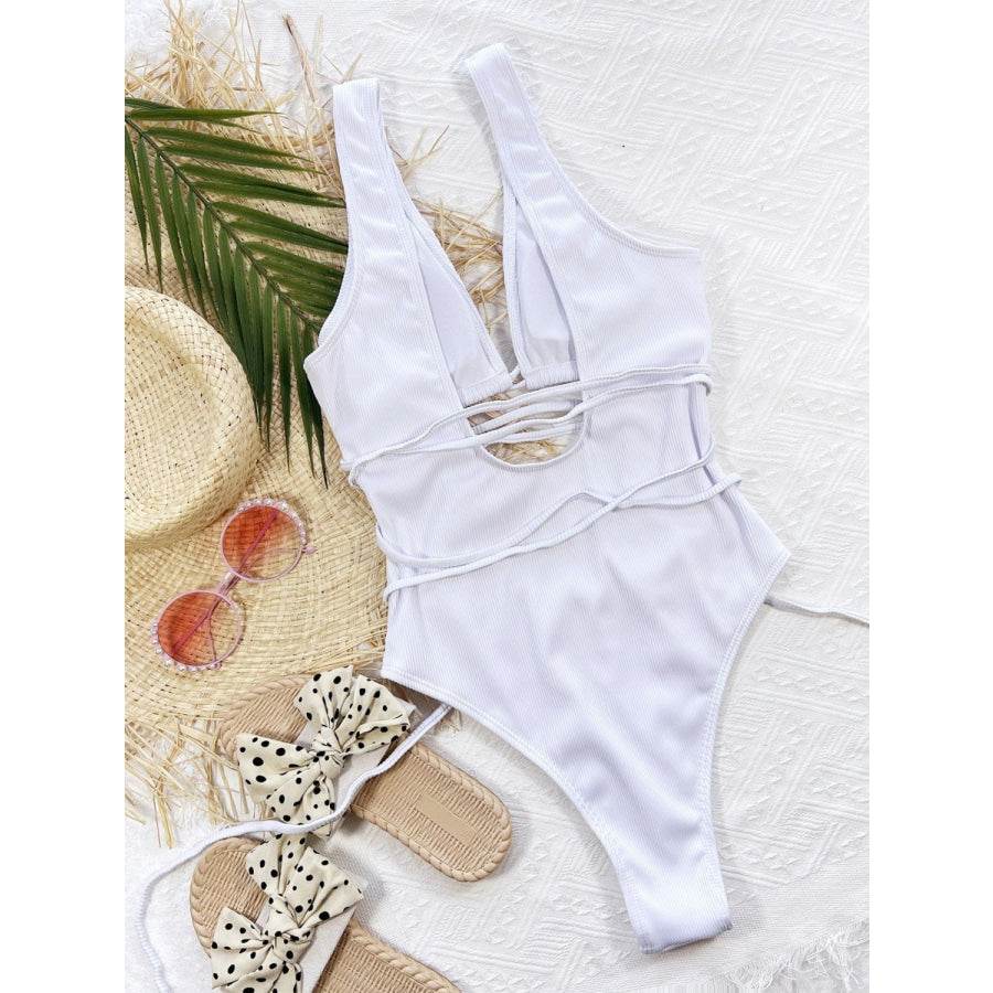 Ribbed Lace Up One-Piece Swimsuit Apparel and Accessories