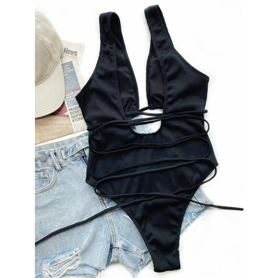 Ribbed Lace Up One-Piece Swimsuit Apparel and Accessories