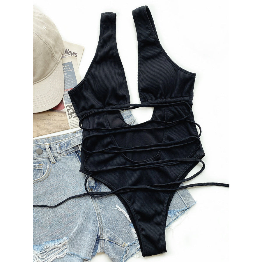 Ribbed Lace Up One-Piece Swimsuit Apparel and Accessories