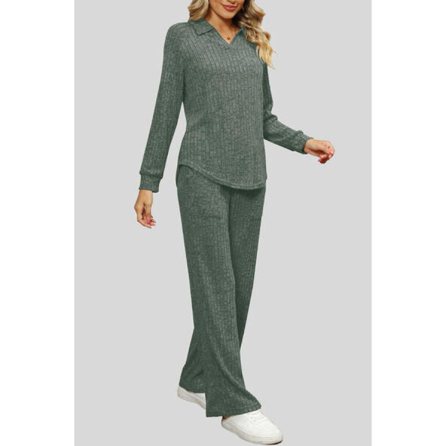 Ribbed Long Sleeve Top and Pocketed Pants Set Apparel Accessories