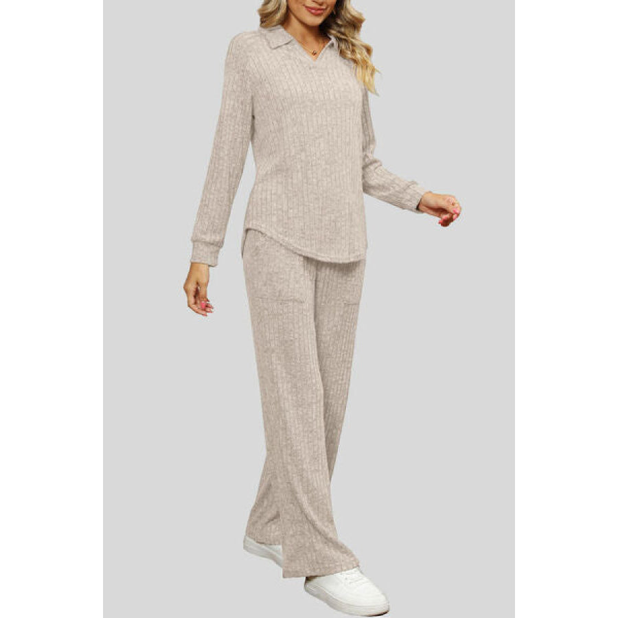 Ribbed Long Sleeve Top and Pocketed Pants Set Apparel Accessories
