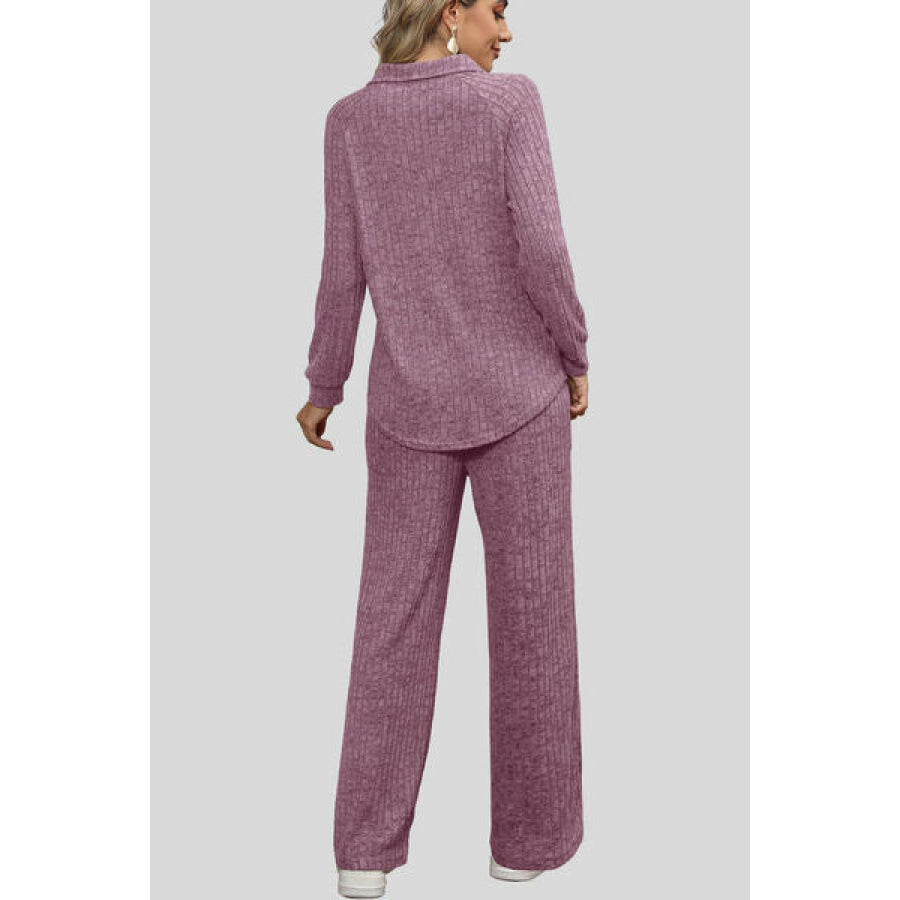 Ribbed Long Sleeve Top and Pocketed Pants Set Apparel Accessories
