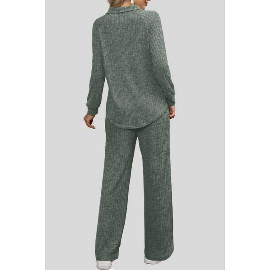 Ribbed Long Sleeve Top and Pocketed Pants Set Apparel Accessories