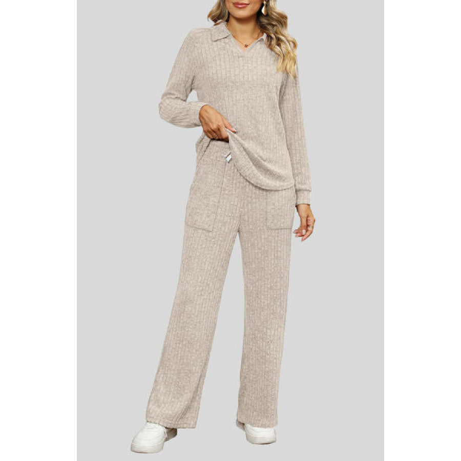 Ribbed Long Sleeve Top and Pocketed Pants Set Apparel Accessories
