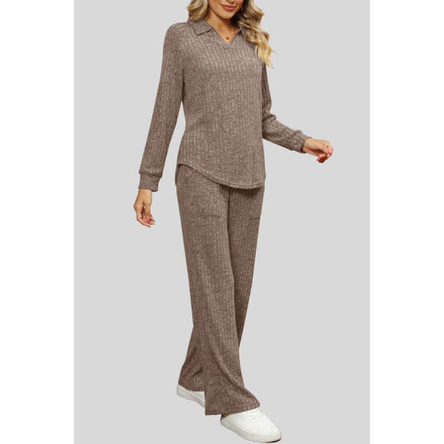 Ribbed Long Sleeve Top and Pocketed Pants Set Apparel Accessories
